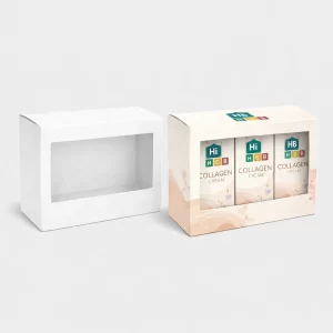 Three elegant white and gold collagen boxes featuring transparent windows to display the product inside.