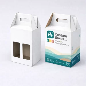 Tall white and branded corrugated boxes with a convenient handle and dual transparent viewing windows.