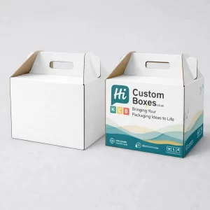 Durable white and custom branded corrugated boxes featuring a built-in handle for convenient retail transport.