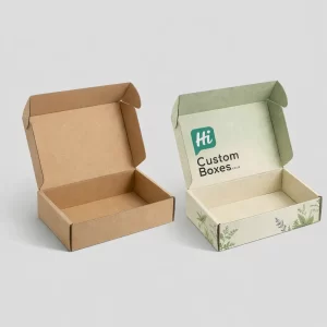 Two open top-loading boxes, one minimal white and one with vibrant green hemp leaf branding patterns.