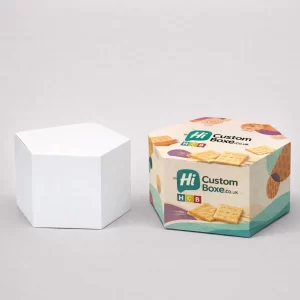 Hexagonal cracker packaging featuring colourful abstract patterns, product branding, and a plain white mock-up.