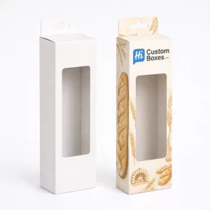 Vertical white hanging baguette boxes with a die-cut window and a convenient top tab hanger.