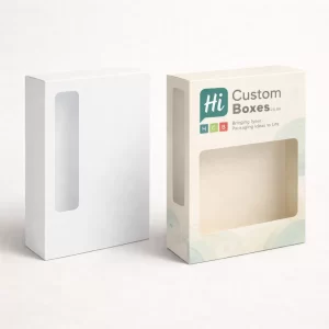 Two slim portrait boxes featuring rectangular cut-out windows to showcase the fabric texture inside.