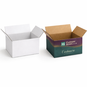 Two open corrugated shipping boxes; one standard white and one custom printed with a teal and purple design.