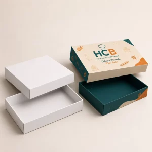 Two square white and pink choux boxes designed with integrated handles and decorative bakery graphics.