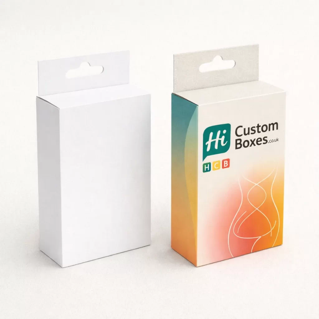 Two tall rectangular retail boxes with hanging tabs, featuring a colourful gradient and body-line illustration.