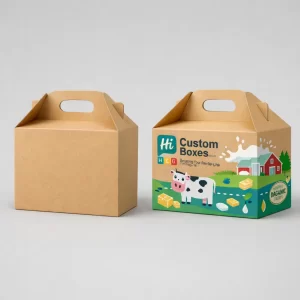 Two gable-top carrier boxes with handles, one plain white and one printed with dairy farm illustrations.
