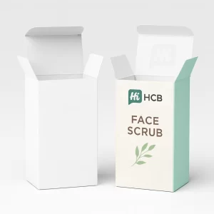 Two tall tuck-end boxes with open lids, one plain white and one with floral branding.