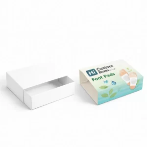 A white drawer-style box next to a branded sleeve featuring a foot pad illustration.