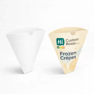 Customised cardboard boxes for frozen crepes highlighting brand logos and a convenient side-opening flap design.