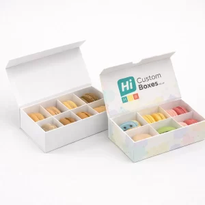 Two open magnetic gift boxes with dividers, showcasing plain white and branded pastel dot designs.