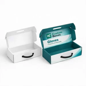 An open white mailer box with a handle next to a branded teal and white box.