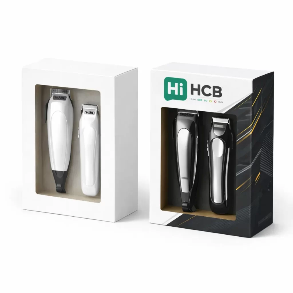 Two rectangular display boxes with windows showing hair clippers, one plain white and one branded.