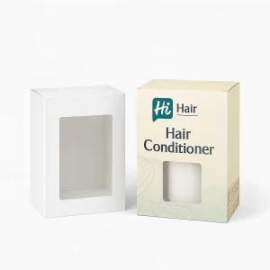 Two rectangular conditioner boxes featuring large square windows, one minimalist white and one with cream branding.