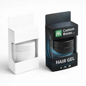 Two vertical display boxes with hanging tabs showing white and black hair gel jars inside