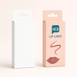 Two hanging retail boxes with peg holes- one plain white and one with pink branding
