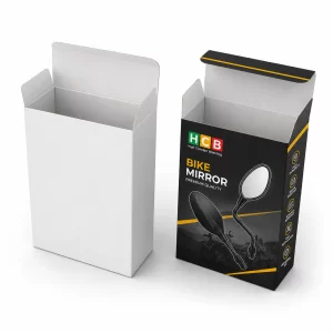 Two premium black and red bike mirror boxes with custom logos and circular viewing windows.