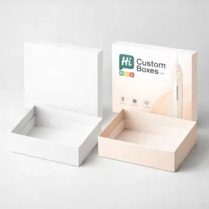 Two two-piece rigid boxes, one blank white and one featuring elegant mole removal pen illustrations