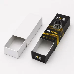 Sleek black and blue automotive oil filter boxes with professional branding and technical part illustrations.