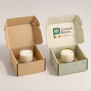 Corrugated cardboard postal boxes with interior floral prints, securely holding small glass aromatherapy soy candles.