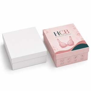Two-piece custom printed cardboard boxes featuring pastel pink floral branding for retail bra packaging.