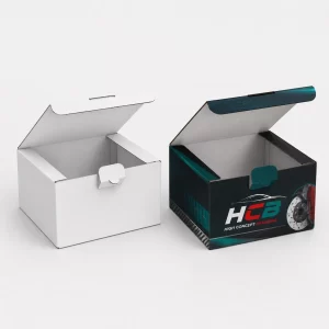 Sleek black and orange car parts packaging boxes with professional branding for wholesale retail display.