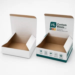 Countertop display boxes in white and teal for retail product promotion.