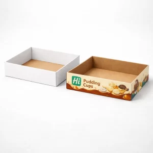 Two sliding drawer-style sleeve boxes, one plain white and one featuring teal wave patterns and branding.
