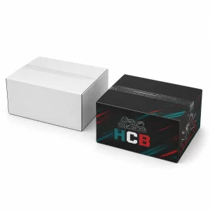 Two sleek black and yellow motorcycle part boxes featuring professional branding and technical part illustrations.
