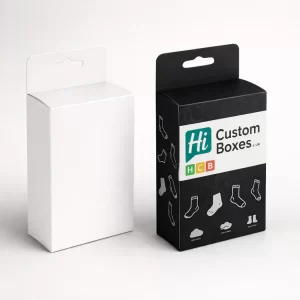 Vertical hanging display boxes with somber black patterns and a clear white branding panel.