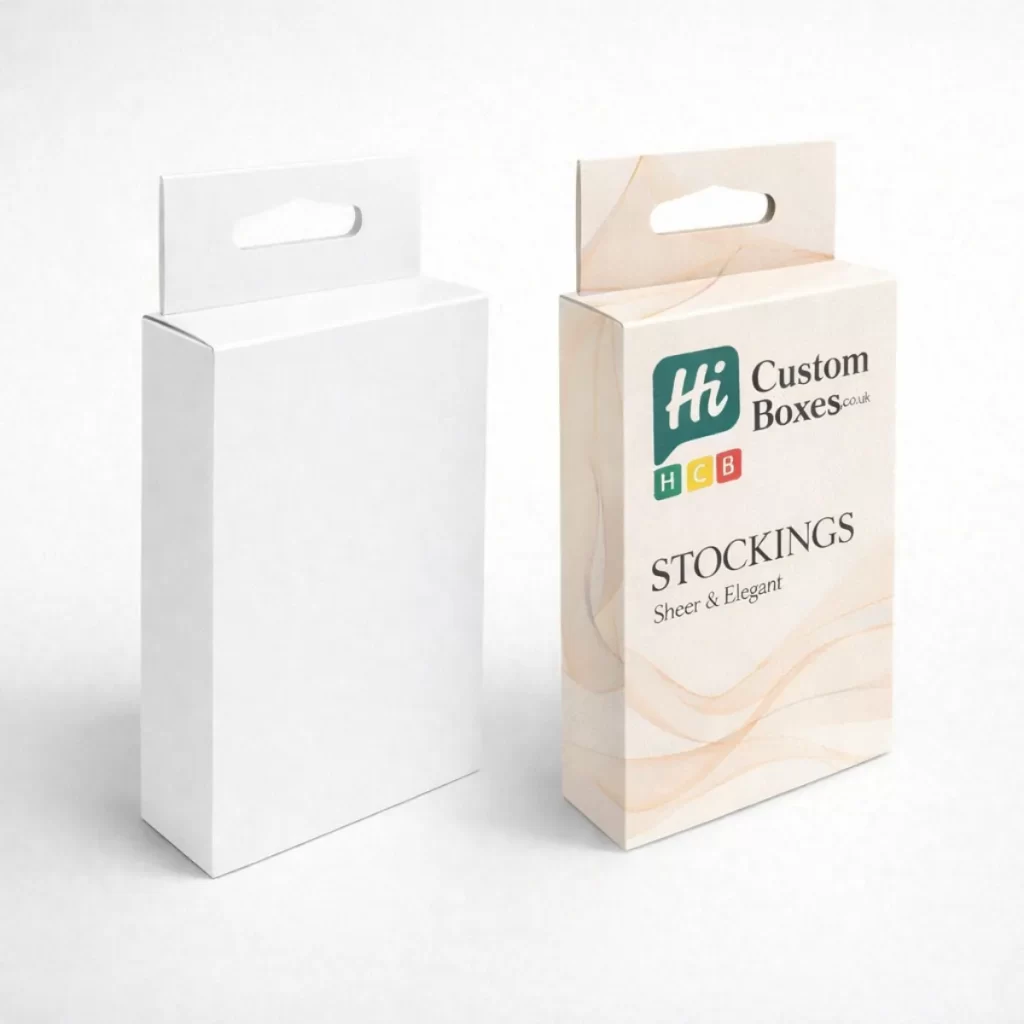 Two upright hanging retail boxes, showcasing a branded design with a convenient die-cut somber tab.