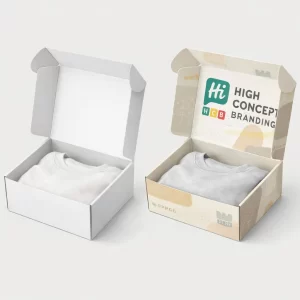 Two open corrugated mailer boxes, one plain white and one with colourful interior brand printing.