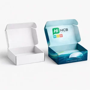 Custom-printed swimming cap boxes featuring vibrant brand logos and personalised graphics for professional athletic gear.