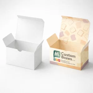 Open cardboard tuck-top boxes, one plain white and one featuring a yellow toast-themed pattern.