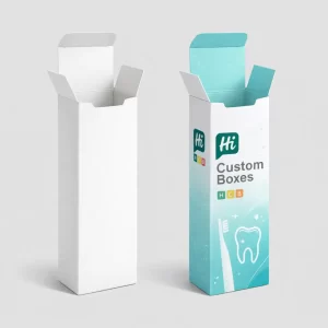 Two upright open-top toothbrush boxes- illustrating the difference between a plain and custom-printed finish