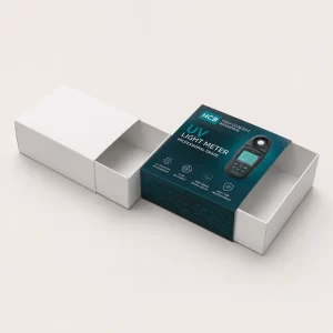 Custom printed cardboard box with a purple electronic graphic display ideal for UV light meters.