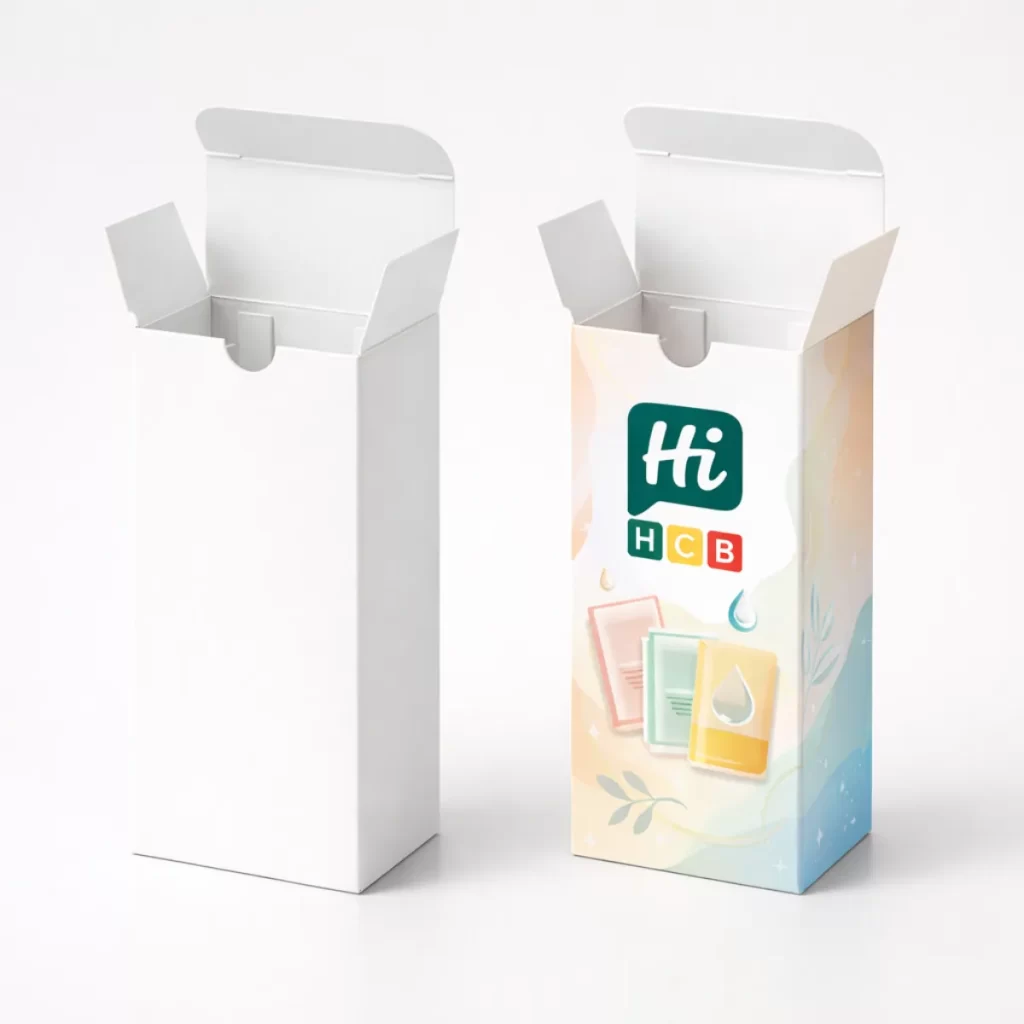 Fully personalised cosmetic sachet boxes featuring unique brand logos, vibrant colours, and custom finishing details.