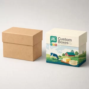 Two tall milk cartons with pouring spouts, one plain white and one with blue dairy-themed graphics.