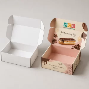 Two sturdy white cardboard boxes designed for the safe transport of delicate chocolate éclairs.