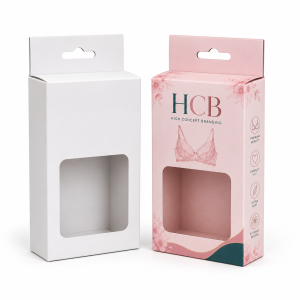 Custom printed pink cardboard hanging boxes with a square clear window display for undergarments.