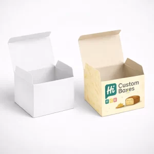 Two tall rectangular product boxes, one blank white and one printed with eco-friendly branding.
