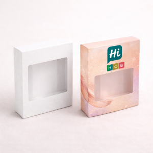 Two premium flip-top magnetic boxes, one blank white and one branded with purple cosmetic illustrations.