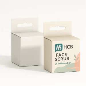 Two vertical product boxes with hanging tabs, one plain white and one with colourful branding.