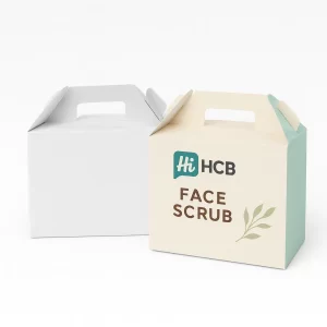 Two cardboard gable boxes with integrated handles, one plain white and one with mint accents.