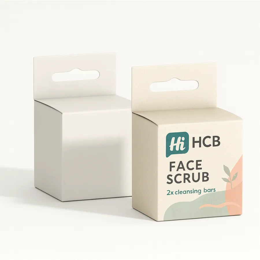 Two vertical product boxes with hanging tabs, one plain white and one with colourful branding.
