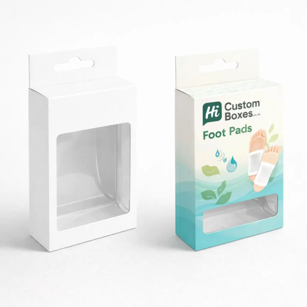 Two upright retail boxes with hanging tabs, one plain white and one with blue-green branding.
