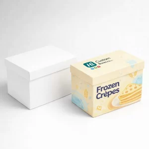 A stack of premium frozen crepe packaging boxes with a clean aesthetic and high-quality printed graphics.