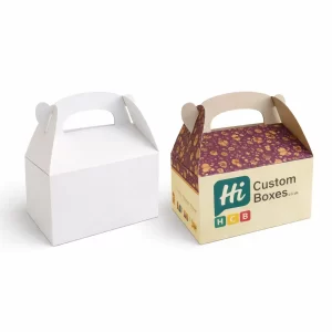 Two white gable boxes with built-in handles, one plain and one featuring custom festival branding.