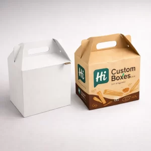 Two rectangular gift boxes, one plain white and one with vibrant red churros theme graphics.