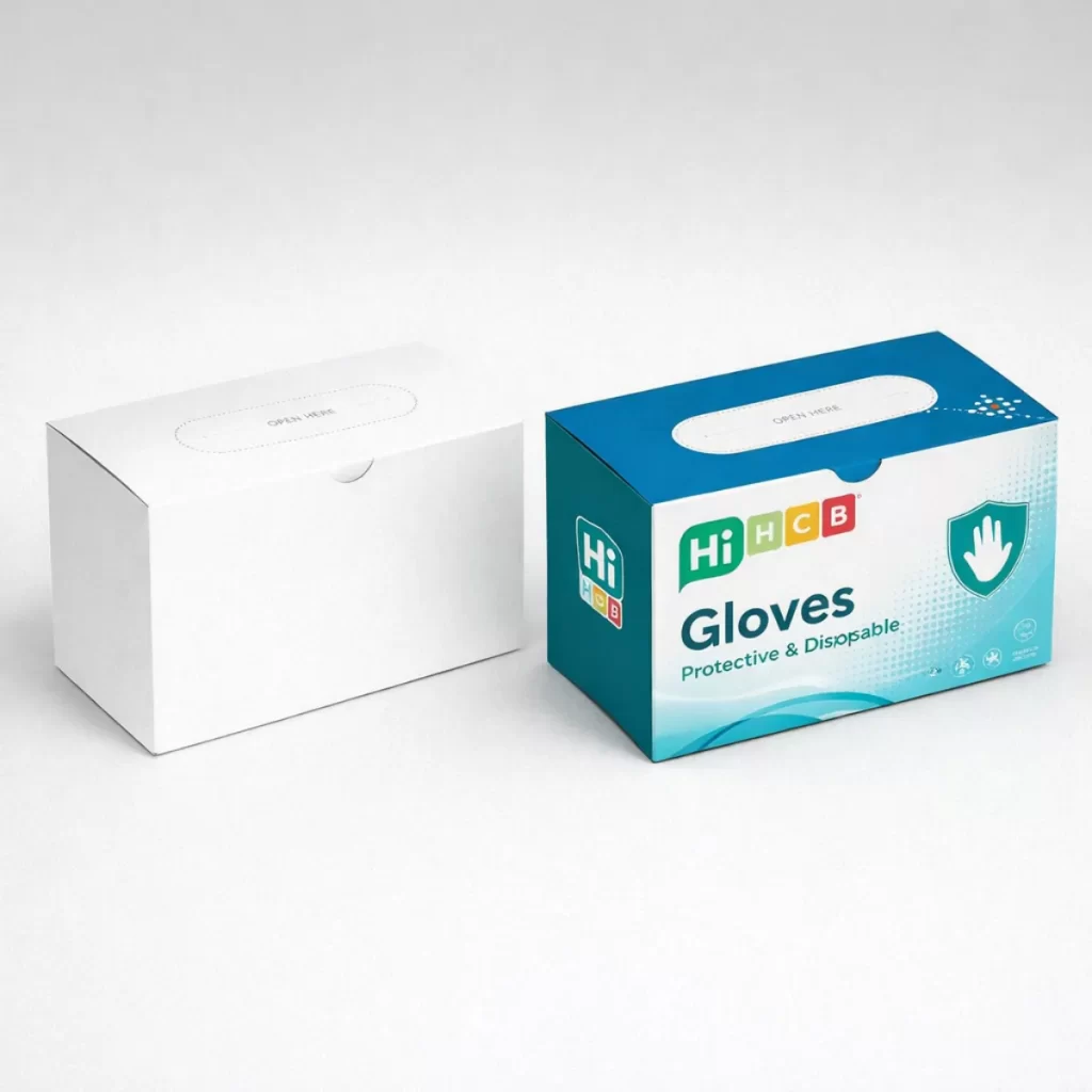 Bespoke Gloves Boxes.png: A plain white rectangular box next to a blue and white printed protective gloves dispenser.